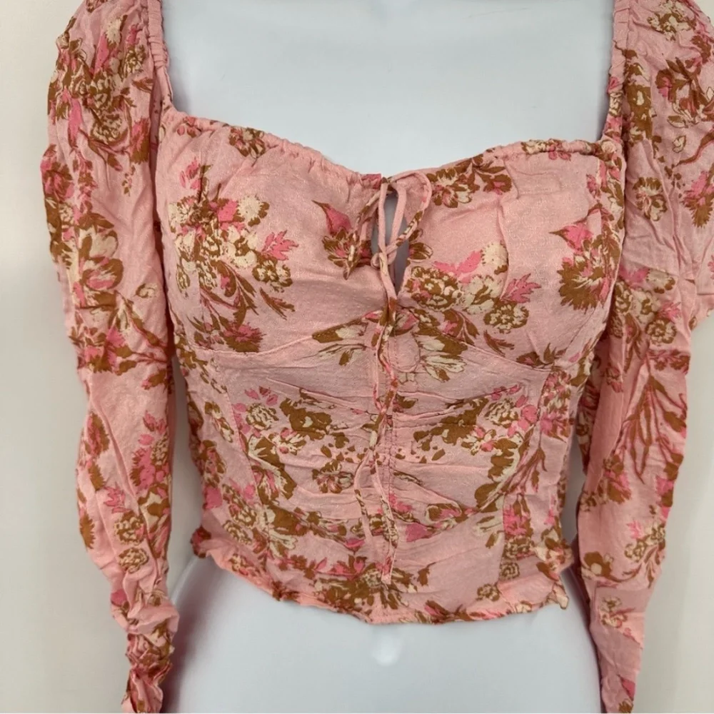 Free People Dusty Pink Floral Ruched Square-Neck Puff Sleeve Crop Top